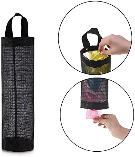 QIANRENON Kitchen Grocery Plastic Bag Holder and Dispenser, Waterproof Washable Wall Mount Folding Mesh Storage Bag 2 Pack Black