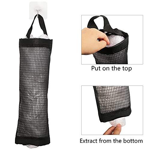 QIANRENON Kitchen Grocery Plastic Bag Holder and Dispenser, Waterproof Washable Wall Mount Folding Mesh Storage Bag 2 Pack Black