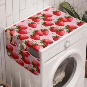 ambesonne red washing machine organizer, delicious big strawberries on pink background tasty juicy ripe summer fruits, anti-slip fabric cover for washers and dryers, 47" x 18.5", red green pink