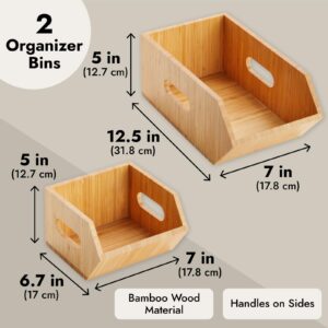 Farmlyn Creek 2 Pack Stackable Bamboo Wood Storage Bins, Organization Boxes for Kitchen Pantry (2 Sizes)