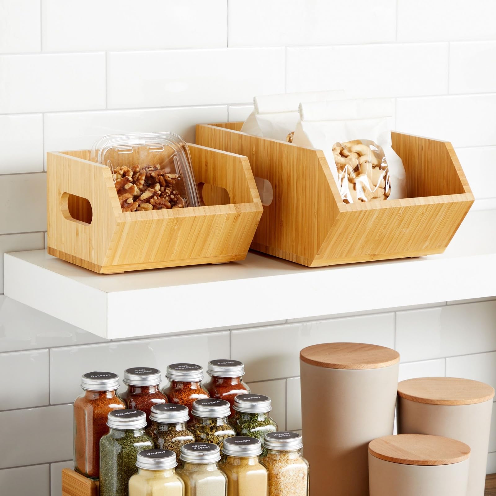 Farmlyn Creek 2 Pack Stackable Bamboo Wood Storage Bins, Organization Boxes for Kitchen Pantry (2 Sizes)