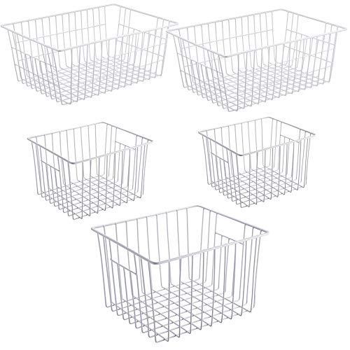 iPEGTOP Deep Refrigerator Freezer Baskets, Large Household Wire Storage Basket Bins Organizer with Handles for Kitchen, Pantry, Freezer, Cabinet, Closets, Pearl White, Set of 5