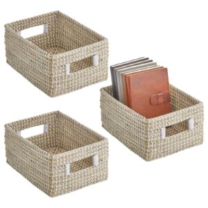 mdesign seagrass small woven 9 inch wide rectangular organizing basket w/built-in handles for kitchen, pantry shelves, bathroom storage; holds fruit, canned goods - 3 pack - natural