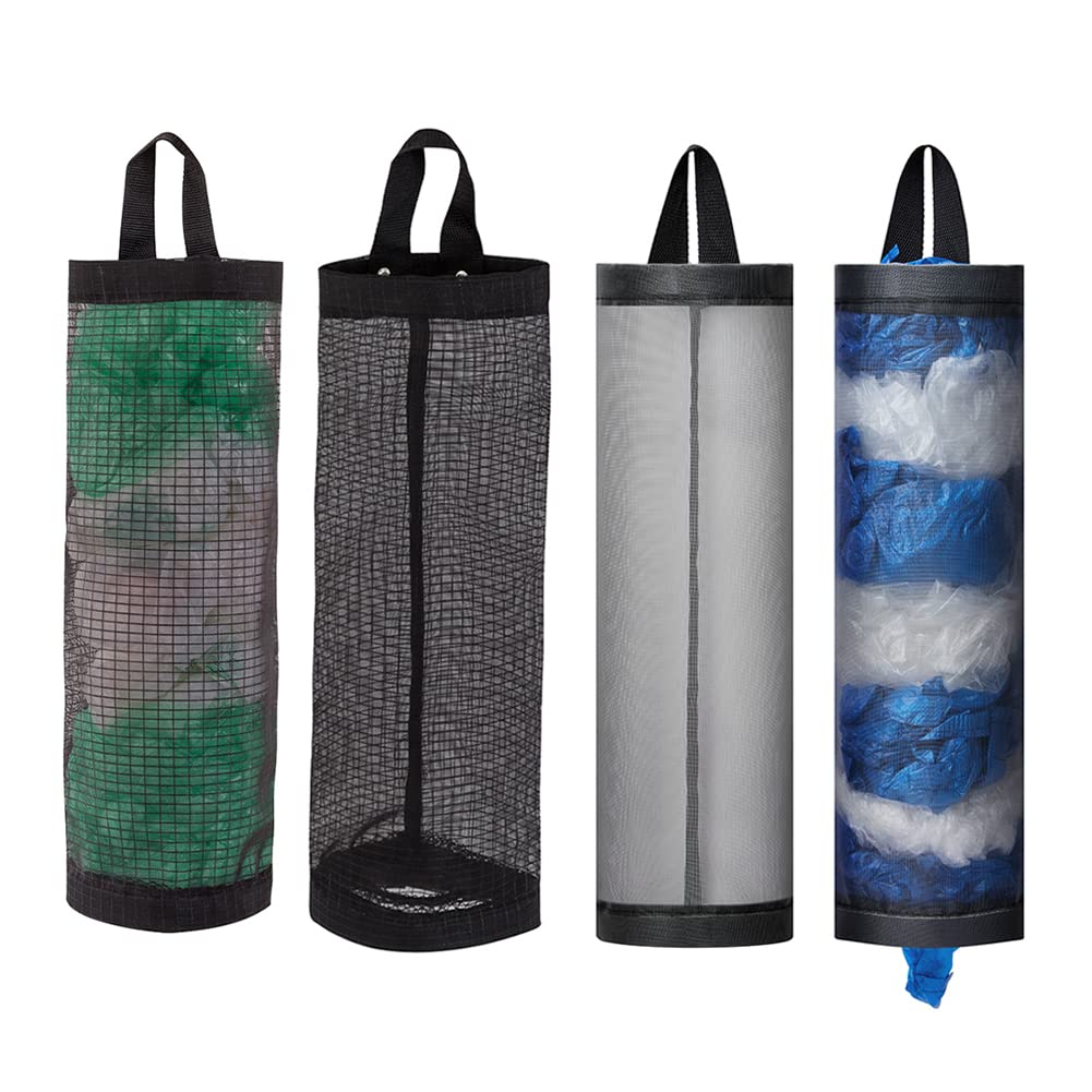 LINEVI Bag Holder for Plastic Bags, 4 Pcs Polyester Grocery Bag Holder Plastic Dispenser Foldable Breathable Washable Hanging Mesh Garbage Bag Organizer for Kitchen Plastic Bag Storage