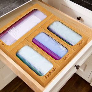 premium thick solid bamboo storage bag organizer, organizadores de cocina, food baggie dispenser for kitchen drawer compatible with most brand (4 piece set)