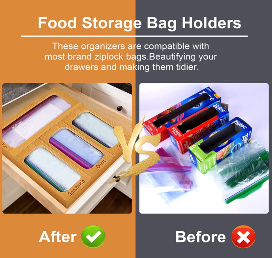 Premium Thick Solid Bamboo Storage Bag Organizer, Organizadores De Cocina, Food Baggie Dispenser for Kitchen Drawer Compatible with Most Brand (4 Piece Set)