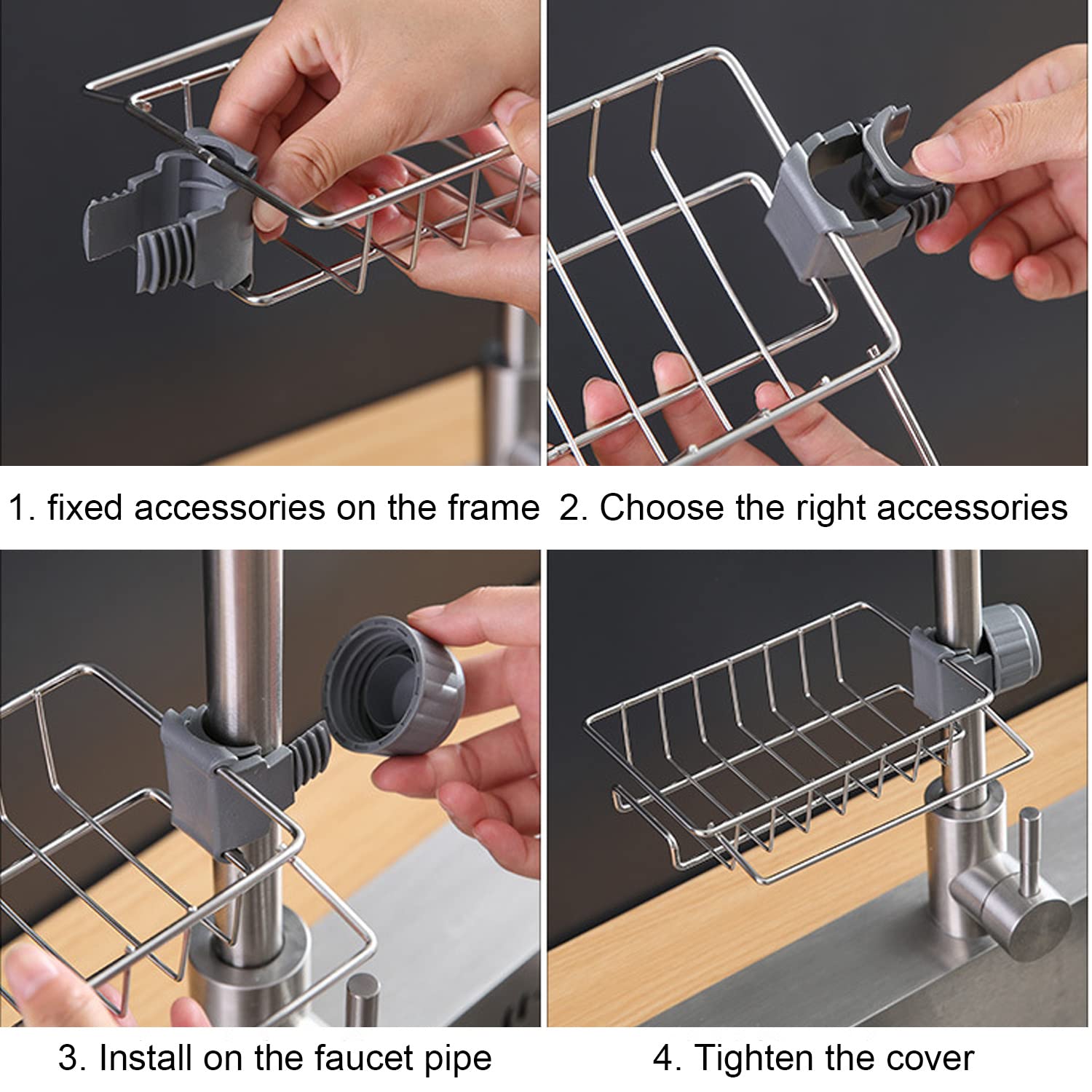 Kitchen Sink Caddy Organizer,Stainless Steel Faucet Storage Rack Sponge Holder For Kitchen Accessorie,Scrubbers, Soap, Bathroom Silver