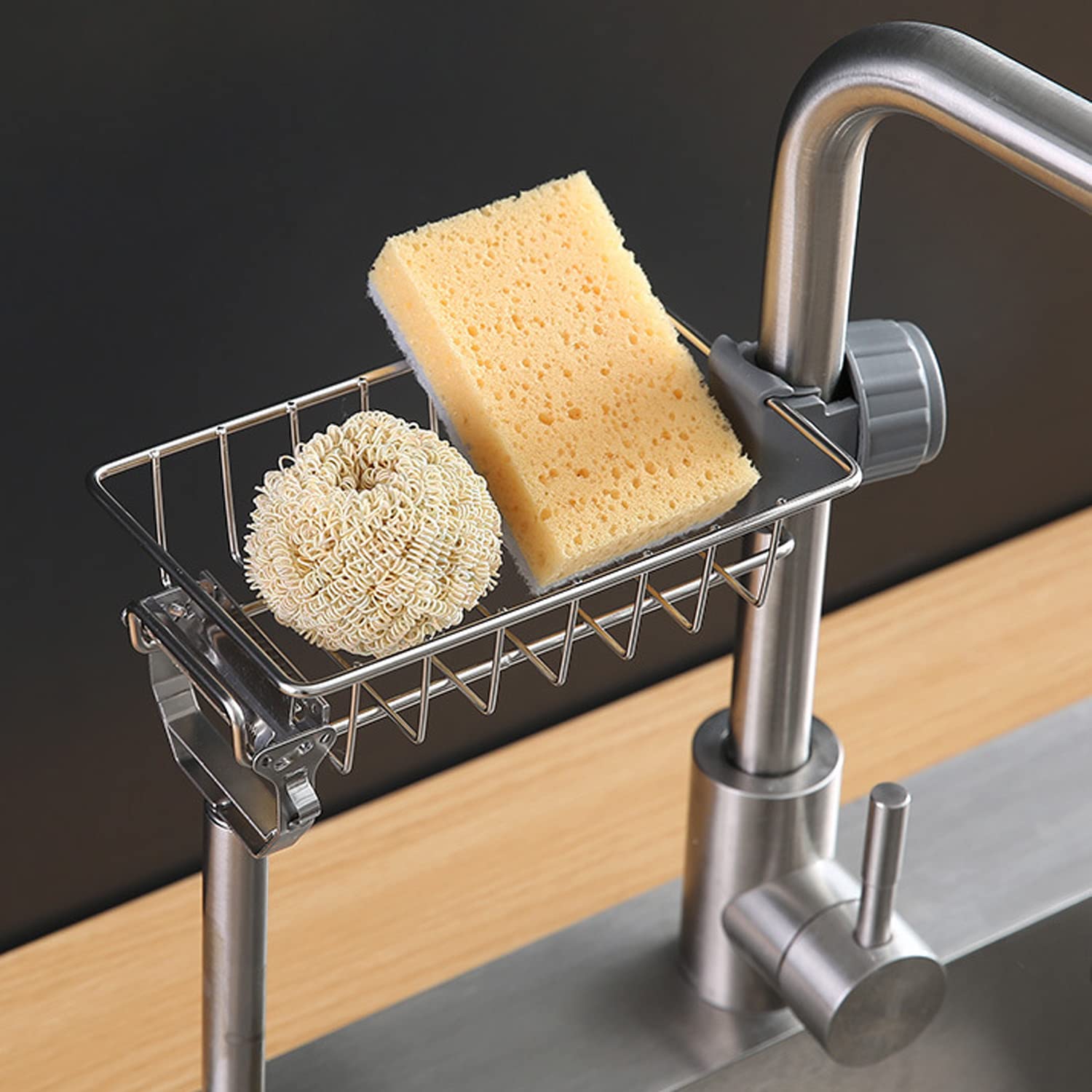 Kitchen Sink Caddy Organizer,Stainless Steel Faucet Storage Rack Sponge Holder For Kitchen Accessorie,Scrubbers, Soap, Bathroom Silver