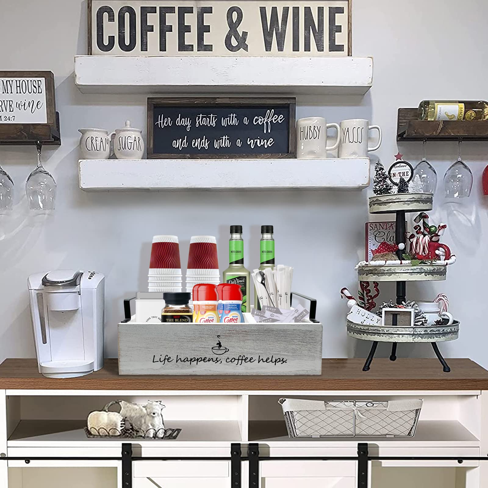 Coffee Station Organizer Coffee Bar Decor Accessories Coffee Kcups Pods Holder Organizer with Handles for Farmhouse Kitchen Countertop, Coffee Station, Coffee Creamer Holder, Paper Cup Holder (White)