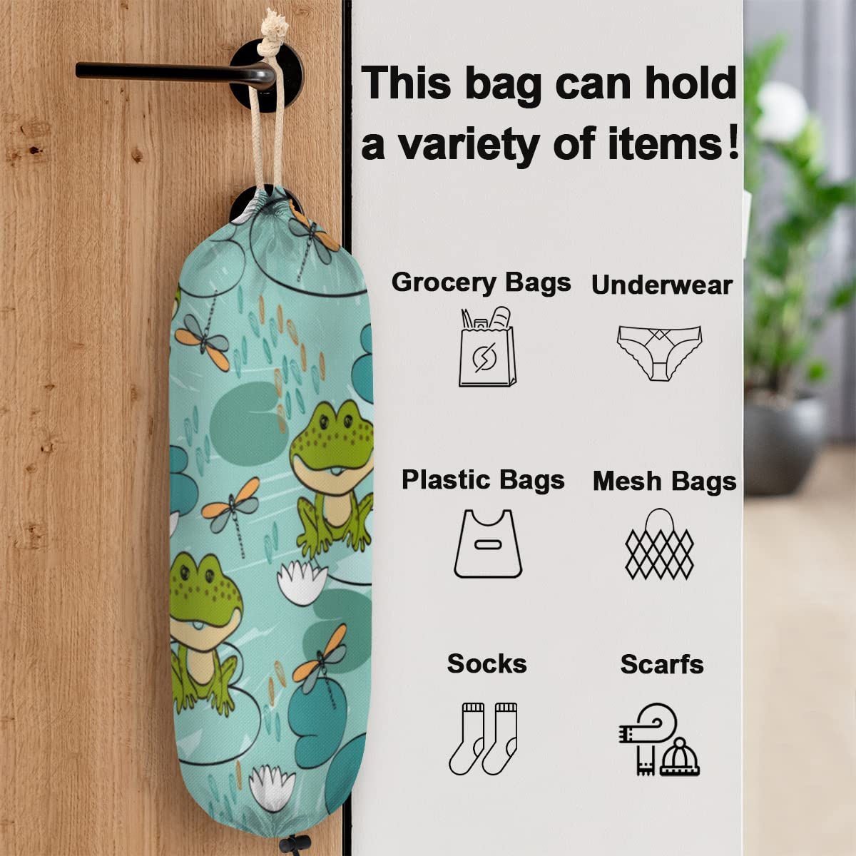 Plastic Bag Holder Cartoon Funny Frog Wall Mount Grocery Bag Organizer Holder Hanging Trash Bag Storage Dispenser for Home Kitchen Pantry Door Organization Decor