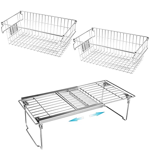 Large Stackable Wire Baskets for Pantry Organization, Expandable Cabinet Shelf Organizer