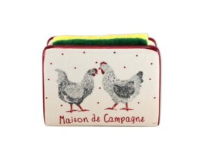 world-accents white ceramic sponge holder with hen design and red trim, maison de campagne