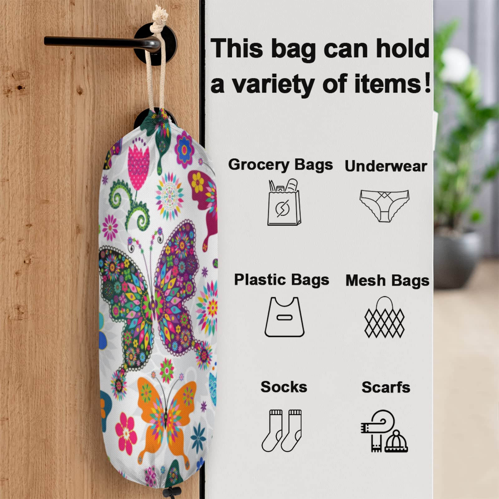 Colorful Butterfly Plastic Bag Holder, Butterflies Flower Grocery Bag Storage Holder Garbage Shopping Bag Trash Bags Organizer for Kitchen Home