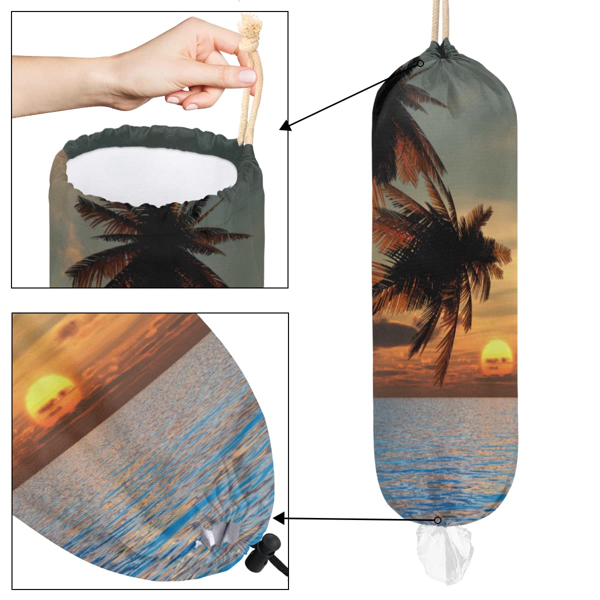 Plastic Bag Holder Summer Beach Palm Tree Wall Mount Grocery Bag Holder Wasgable Plastic Bag Dispenser Garbage Bag Organizer for Home Kitchen Decor, Gifts for Women Mom Family Friends