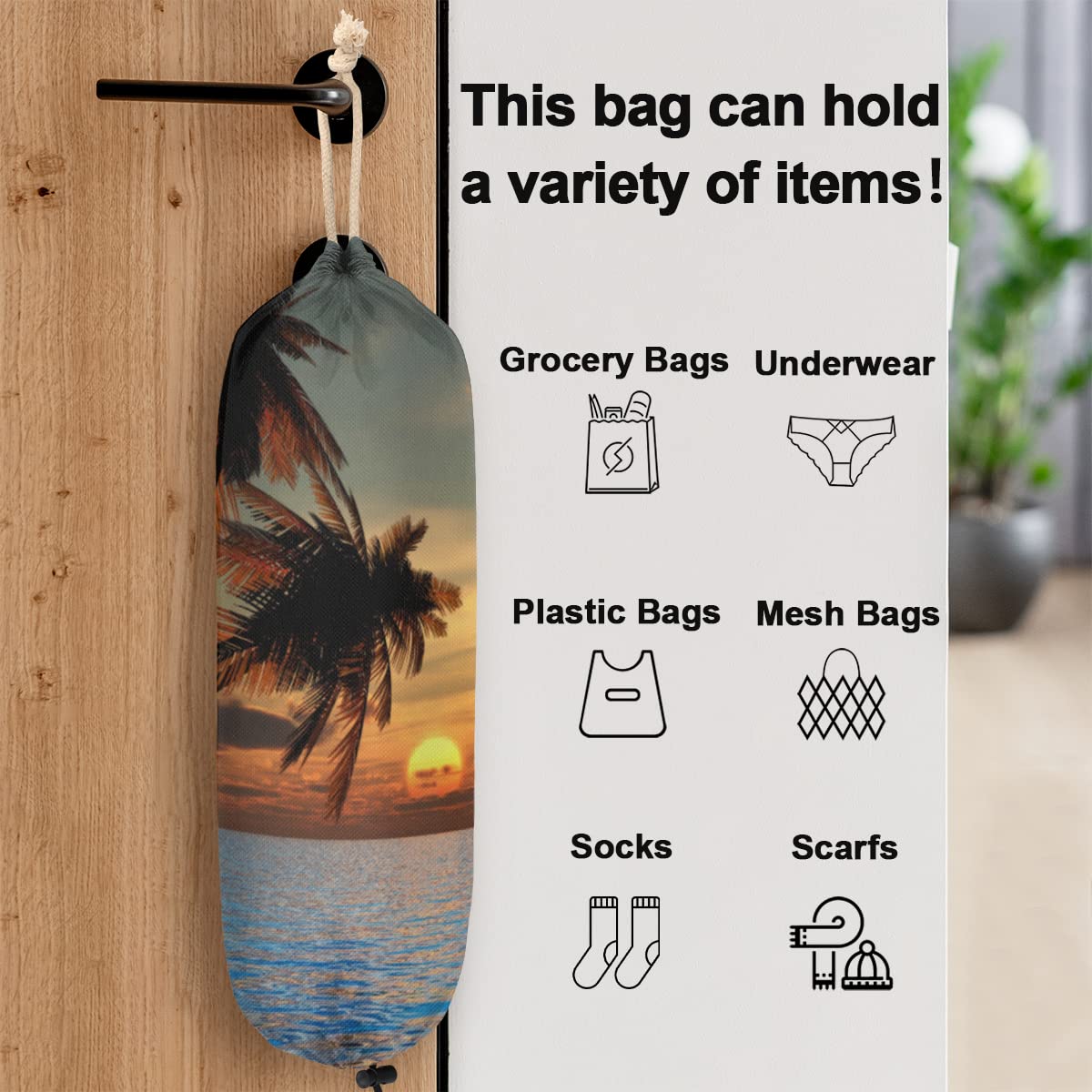 Plastic Bag Holder Summer Beach Palm Tree Wall Mount Grocery Bag Holder Wasgable Plastic Bag Dispenser Garbage Bag Organizer for Home Kitchen Decor, Gifts for Women Mom Family Friends