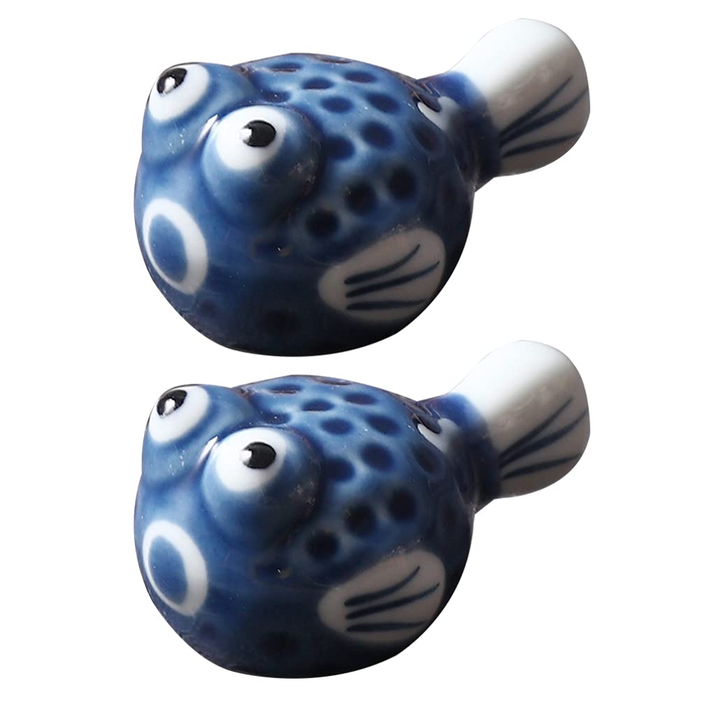 HEMOTON 2Pcs Ceramics Chopsticks Rests Hand Painted Japanese Style Puffer Fish Shape Dinner Spoon Stand Knife Fork Holder Pen Holder for Home Kitchen Tableware Support Dark Blue