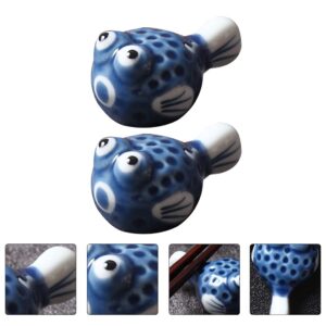 HEMOTON 2Pcs Ceramics Chopsticks Rests Hand Painted Japanese Style Puffer Fish Shape Dinner Spoon Stand Knife Fork Holder Pen Holder for Home Kitchen Tableware Support Dark Blue