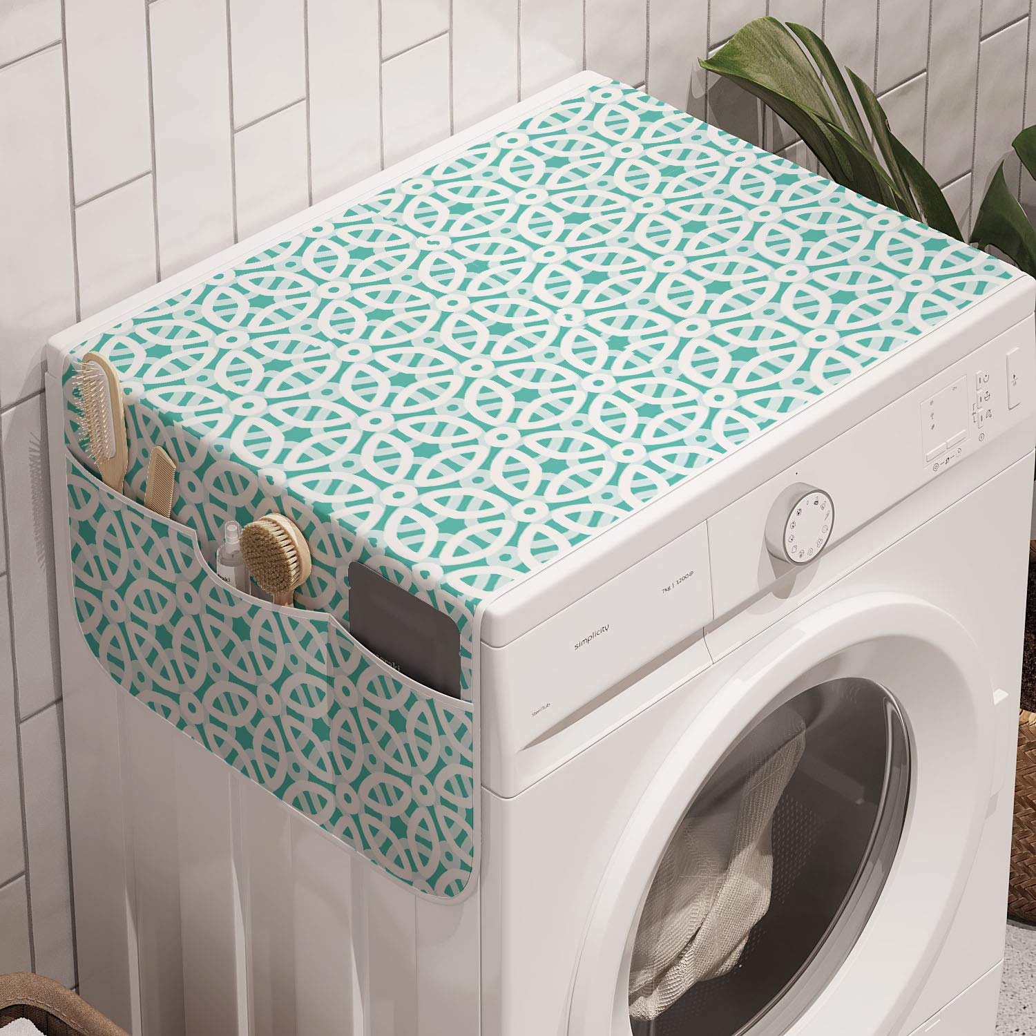 Ambesonne Abstract Washing Machine Organizer, Oriental Glazed Tile Looking Swirling Shape Patterns Marrakesh Art Motifs, Anti-slip Fabric Cover for Washers and Dryers, 47" x 18.5", Turquoise and White