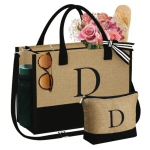 yoolife initail tote bag gifts for women - beach tote bag with zipper makeup bag embroidery initial d jute tote bag mothers day 30th 40th birthday gifts for her mom teacher bridal shower weeding gifts