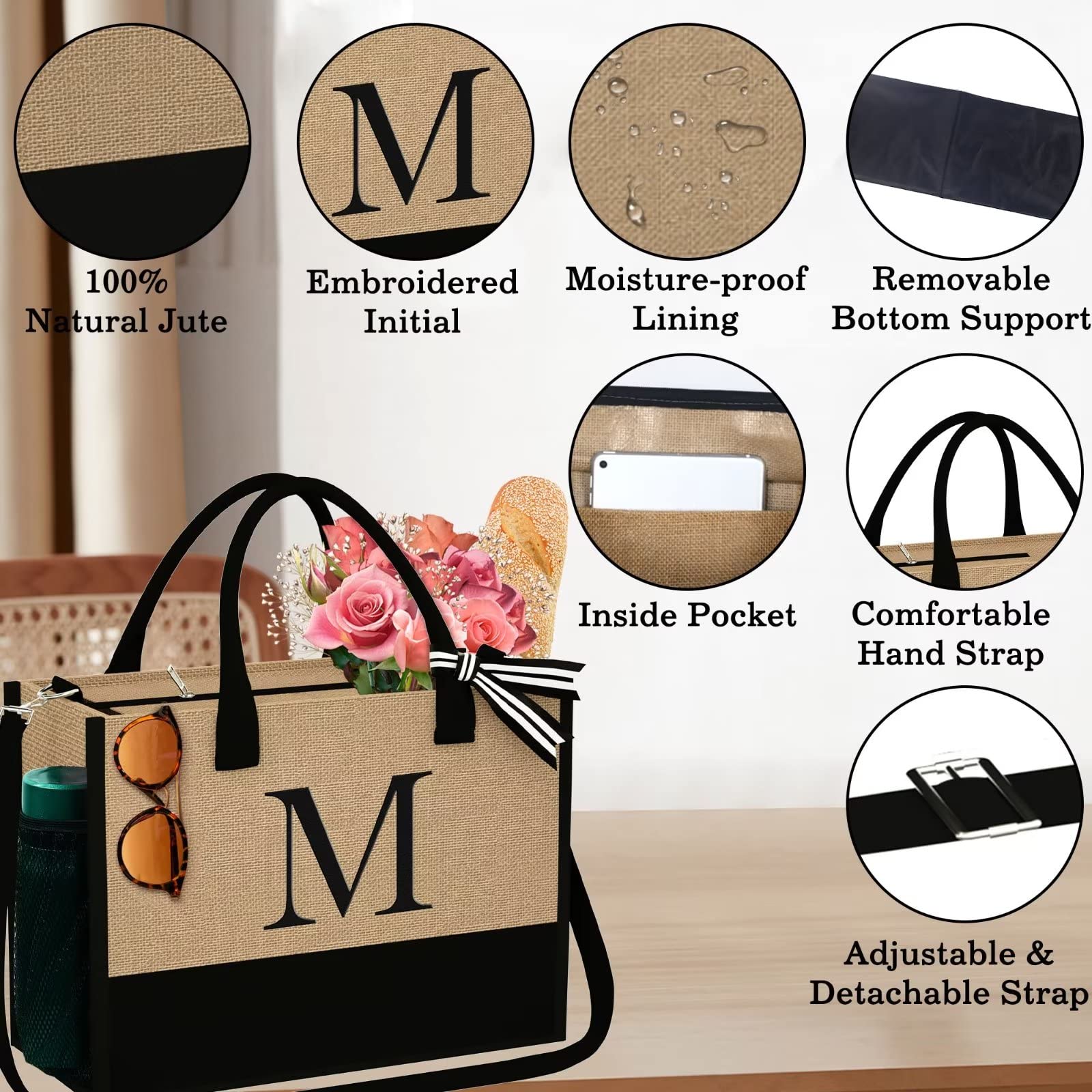 YOOLIFE Initail Tote Bag Gifts for Women - Beach Tote Bag with Zipper Makeup Bag Embroidery Initial D Jute Tote Bag Mothers Day 30th 40th Birthday Gifts for Her Mom Teacher Bridal Shower Weeding Gifts