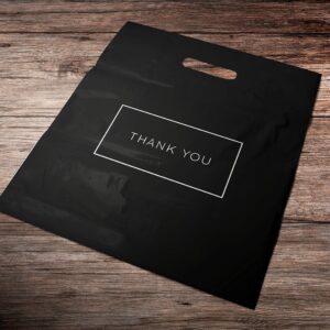 Purple Q Crafts Die Cut Plastic Shopping Bags with Thank You Logo 12" x 15" Boutique Bags with Handles 100 Pack for Merchandise, Gifts, Trade Shows and More