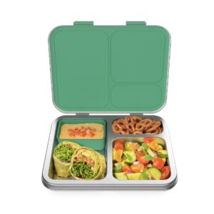 bentgo® kids stainless steel leak-resistant lunch box - bento-style redesigned in 2022 w/upgraded latches, 3 compartments, & extra container - eco-friendly, dishwasher safe, patented design (green)