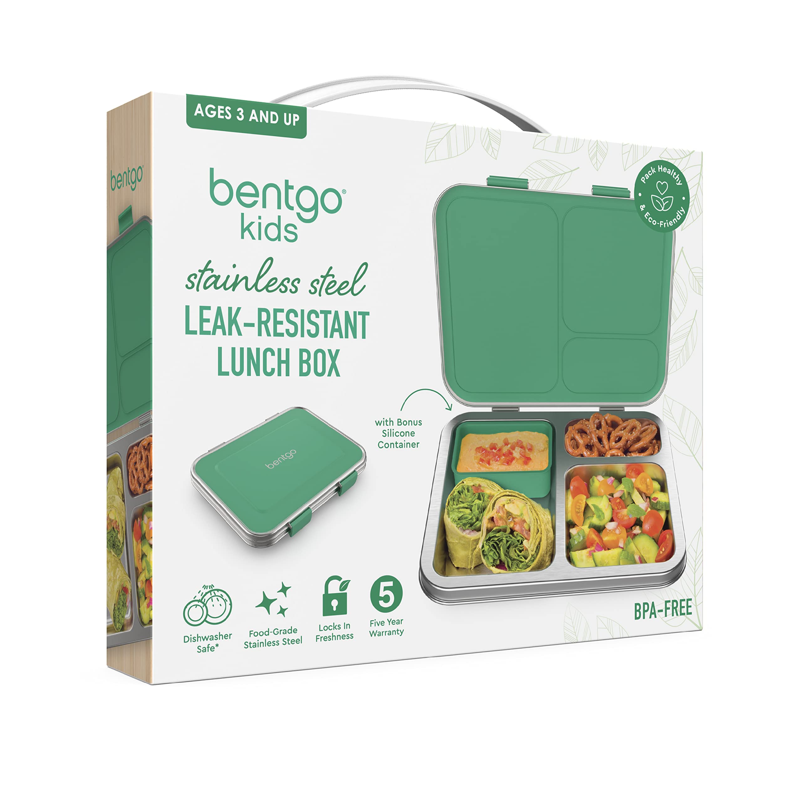 Bentgo® Kids Stainless Steel Leak-Resistant Lunch Box - Bento-Style Redesigned in 2022 w/Upgraded Latches, 3 Compartments, & Extra Container - Eco-Friendly, Dishwasher Safe, Patented Design (Green)