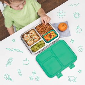 Bentgo® Kids Stainless Steel Leak-Resistant Lunch Box - Bento-Style Redesigned in 2022 w/Upgraded Latches, 3 Compartments, & Extra Container - Eco-Friendly, Dishwasher Safe, Patented Design (Green)