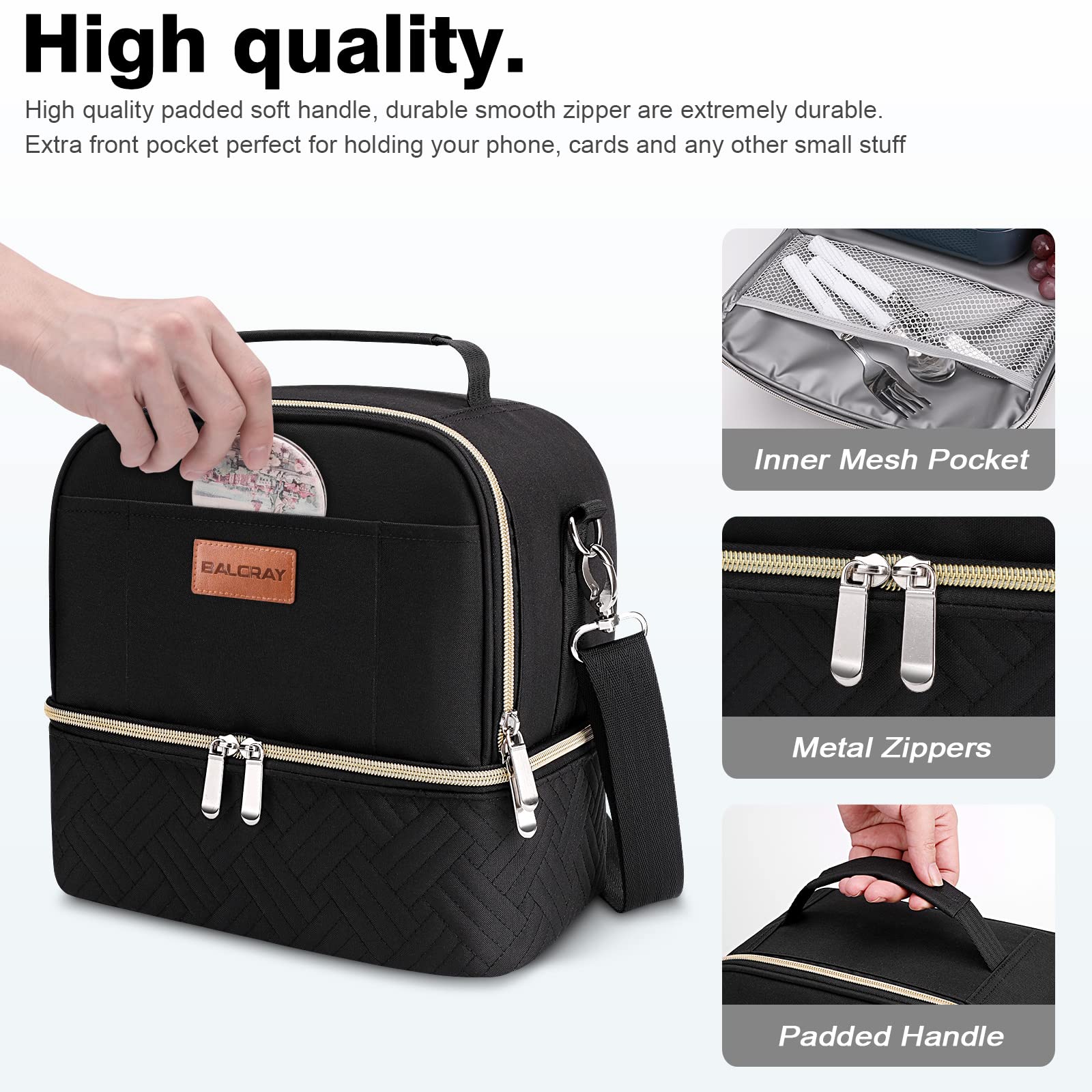 BALORAY Lunch Bag Women Men, Double Deck Lunch Box Insulated Lunch Bag for Adults Work Office Picnic, Leakproof Cooler Bag with Adjustable Shoulder Strap