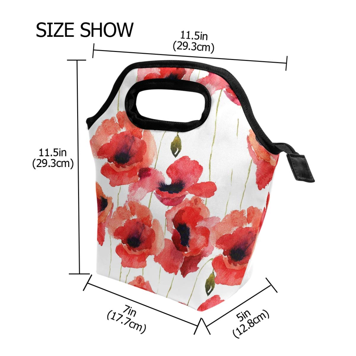 Naanle Floral Flower Insulated Zipper Lunch Bag Cooler Tote Bag for Adult Teens Kids Girls Boys Men Women, Poppy Lunch Boxes Lunchboxes Meal Prep Handbag for Outdoors School Office