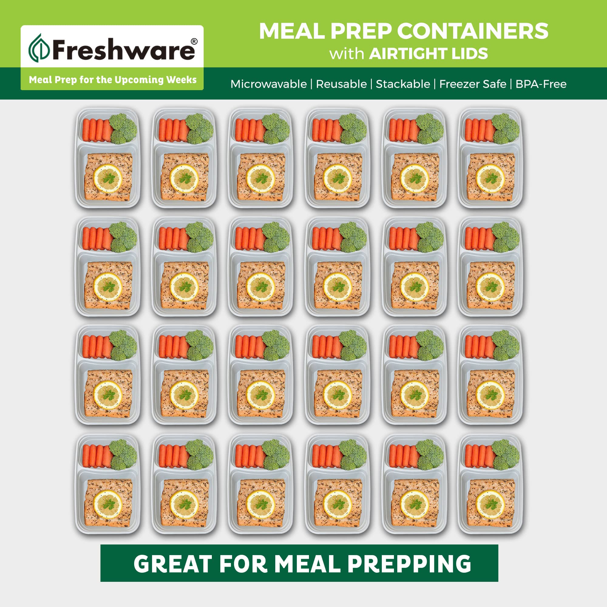 Freshware Meal Prep Containers 3 Compartment with Lids, Food Storage Containers, Bento Box, Stackable & Meal Prep Containers 2 Compartment with Lids, Food Storage Containers, Grey