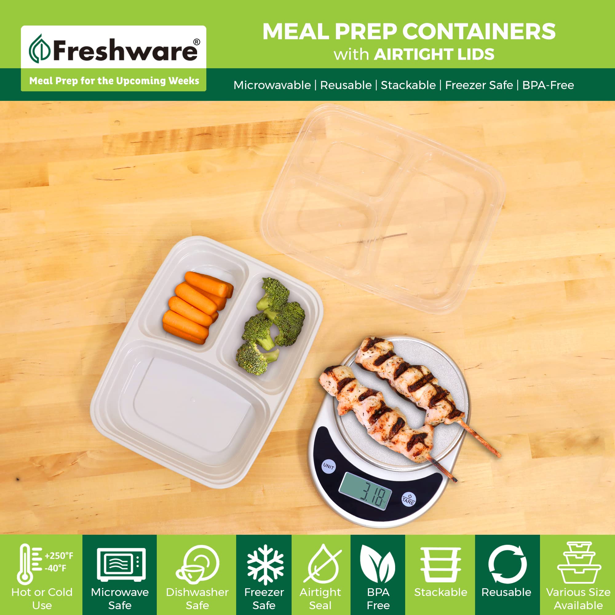 Freshware Meal Prep Containers 3 Compartment with Lids, Food Storage Containers, Bento Box, Stackable & Meal Prep Containers 2 Compartment with Lids, Food Storage Containers, Grey