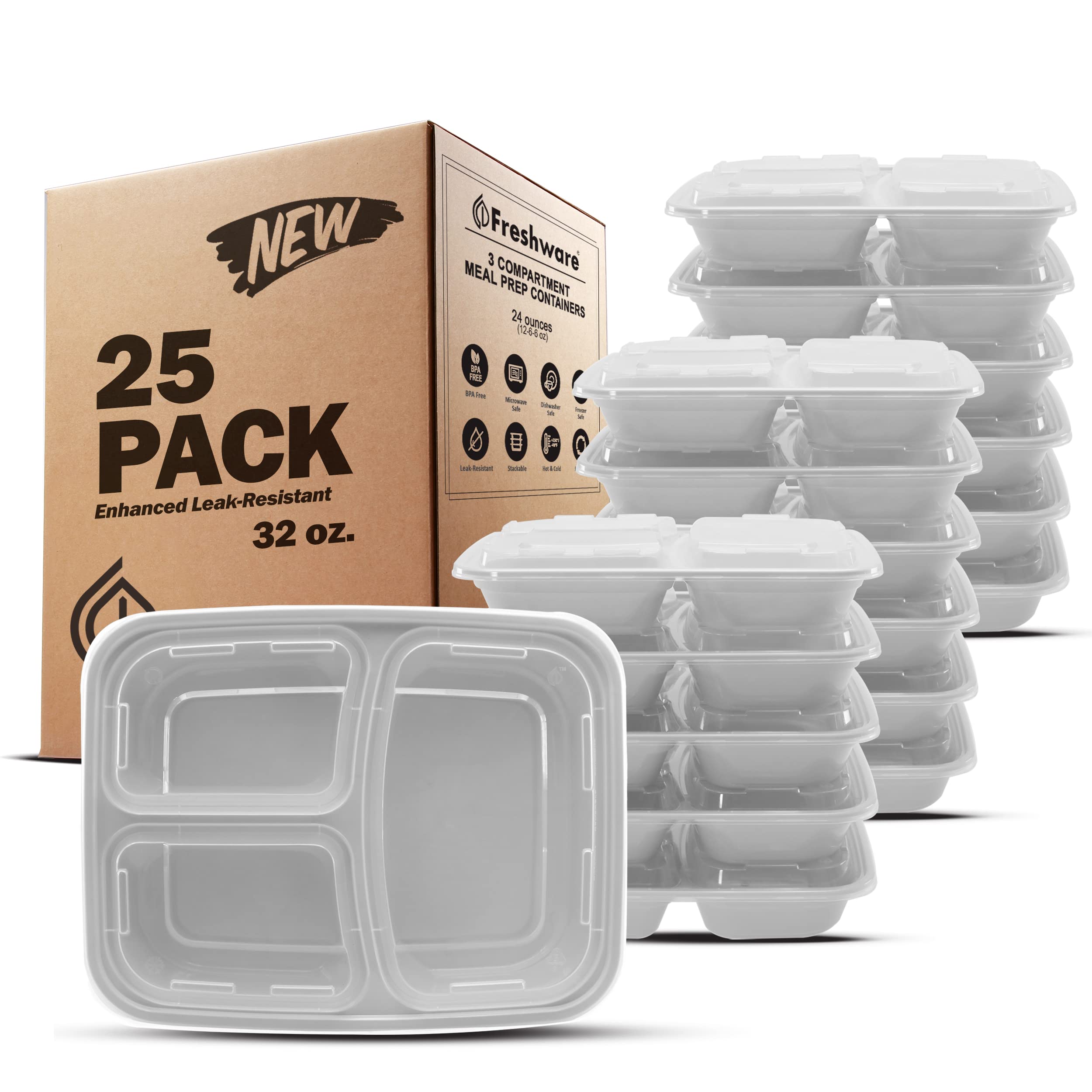 Freshware Meal Prep Containers 3 Compartment with Lids, Food Storage Containers, Bento Box, Stackable & Meal Prep Containers 2 Compartment with Lids, Food Storage Containers, Grey