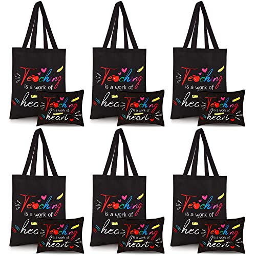 Kacctyen 12 Pcs Teacher Graduation Appreciation Gifts 6 Teacher Canvas Totes Bag 6 Makeup Pouch Cosmetic Bags Teacher Gifts (Teaching is a Work of Heart)