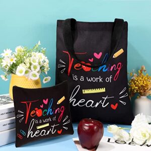 Kacctyen 12 Pcs Teacher Graduation Appreciation Gifts 6 Teacher Canvas Totes Bag 6 Makeup Pouch Cosmetic Bags Teacher Gifts (Teaching is a Work of Heart)