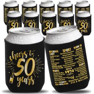 happy 50th birthday decorations for men women, 50th birthday party supplies, vintage 1974- fifty birthday party beverage can cooler sleeves, 12-pack, black & gold