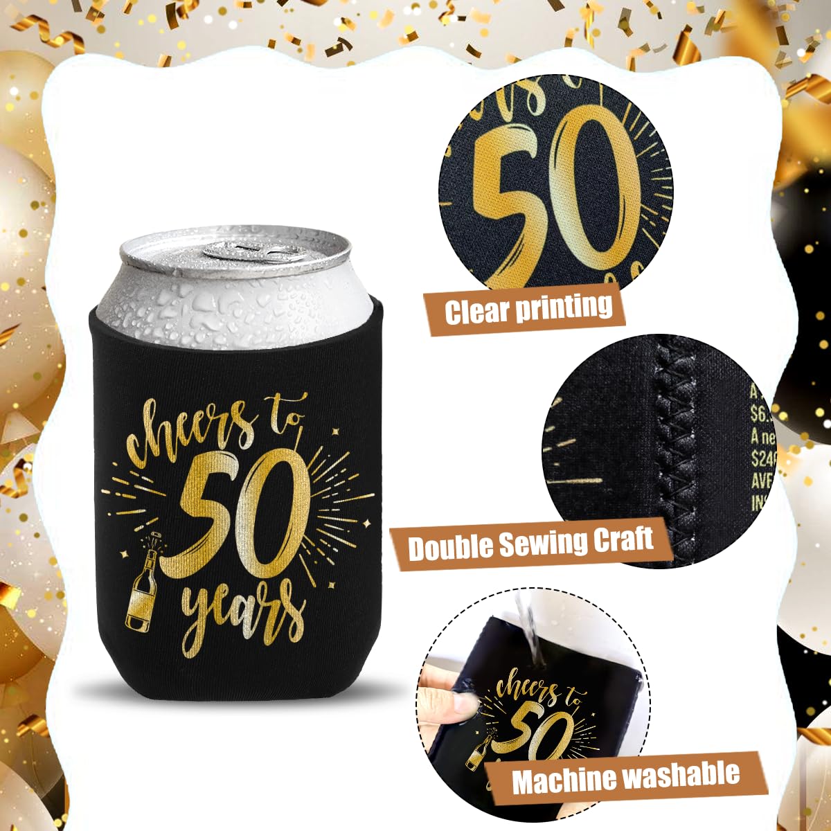 Happy 50th Birthday Decorations for Men Women, 50th Birthday Party Supplies, Vintage 1974- Fifty Birthday Party Beverage Can Cooler Sleeves, 12-Pack, Black & Gold
