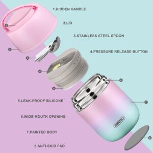 17 oz Insulated Lunch Containers Hot Food Jar, Wide Mouth Lunch Thermo for Kids Adults, Vacuum Stainless Steel Lunch Box With Handle Folding Spoon for School, Office (Blue-Pink)