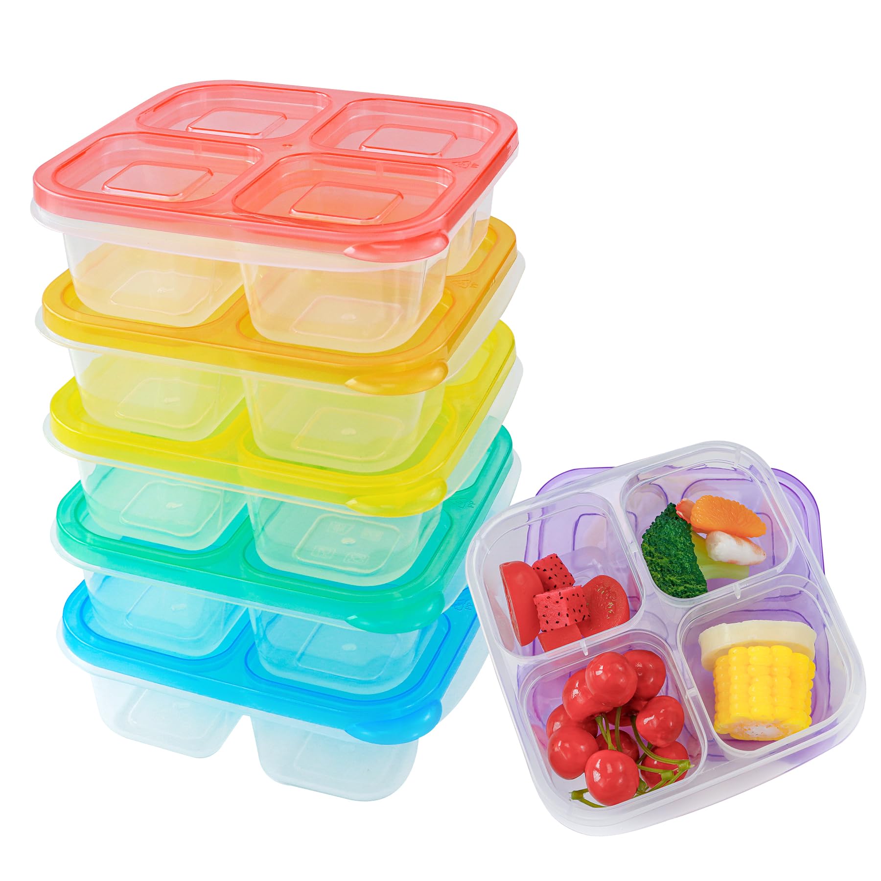 Finorder 6 Pack 4-Compartment Snack Containers, Reusable Food Containers for Kids School, Adults Office, Picnic Trip, Lunch Bento Box Meal Prep Containers (Bright Color Set)