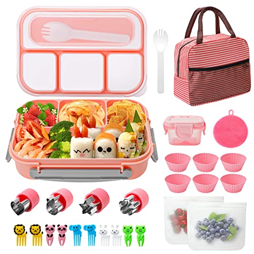 SCIREATH 1300ML Bento Box Lunch Box Kit, Japanese Bento Box Set 4 Compartments w/Lunch Bag Sauce Can, Cake Cups, Fruit Picks, Snack Bags...Leakproof Lunch Container Lunch Bag for Kids Adults (Pink)