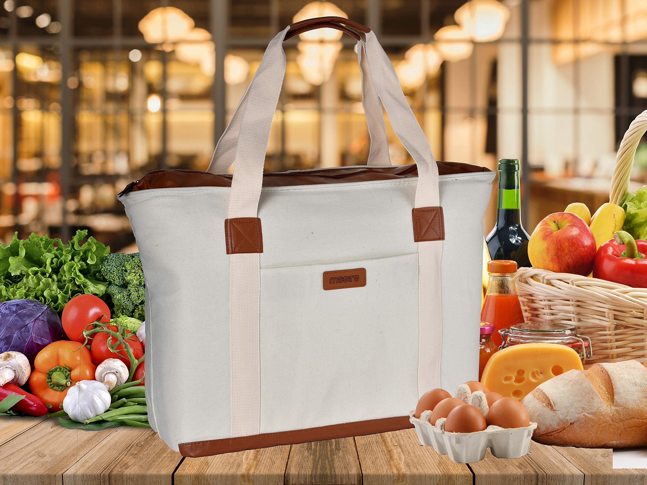 Masirs Insulated Grocery Bag with Zippered Top, Thermal Reusable Canvas for Groceries, Travel Picnic Leakproof Cooler Bags Keep Foods Cold or Hot for Hours, Sturdy Zipper Closure & Pocket