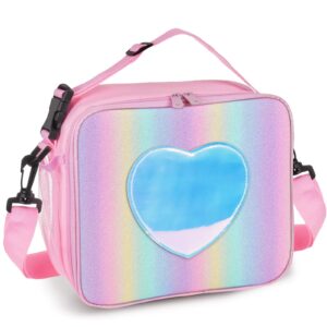 samhe lunch box for kids girls, insulated rainbow tote bag leakproof thermal cooler reusable lunch bag for school office outdoor (pink with strap)