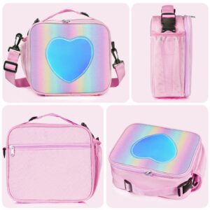 Samhe Lunch Box for Kids Girls, Insulated Rainbow Tote Bag Leakproof Thermal Cooler Reusable Lunch Bag for School Office Outdoor (Pink with Strap)