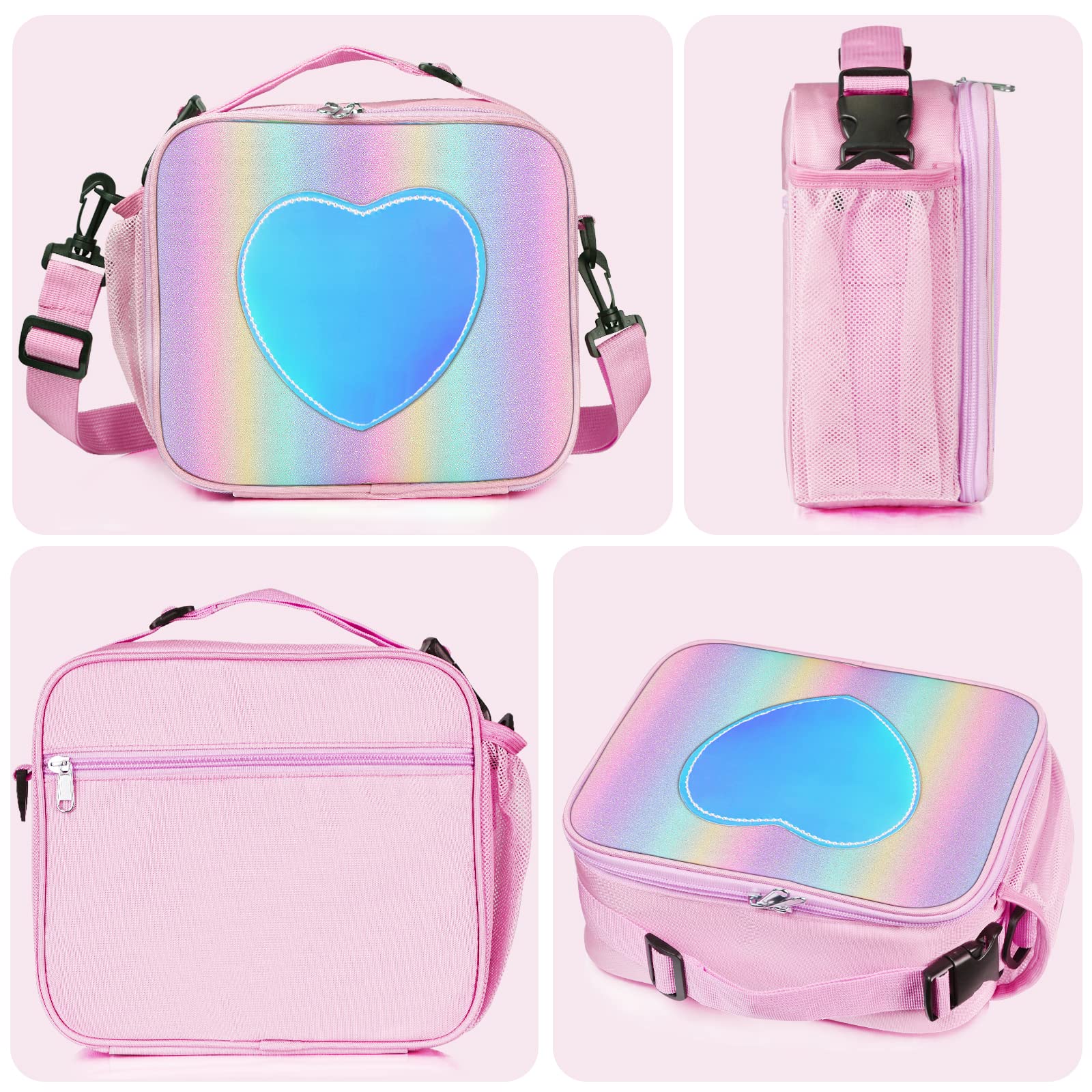 Samhe Lunch Box for Kids Girls, Insulated Rainbow Tote Bag Leakproof Thermal Cooler Reusable Lunch Bag for School Office Outdoor (Pink with Strap)