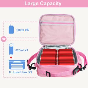 Samhe Lunch Box for Kids Girls, Insulated Rainbow Tote Bag Leakproof Thermal Cooler Reusable Lunch Bag for School Office Outdoor (Pink with Strap)