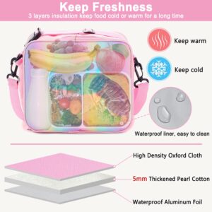 Samhe Lunch Box for Kids Girls, Insulated Rainbow Tote Bag Leakproof Thermal Cooler Reusable Lunch Bag for School Office Outdoor (Pink with Strap)