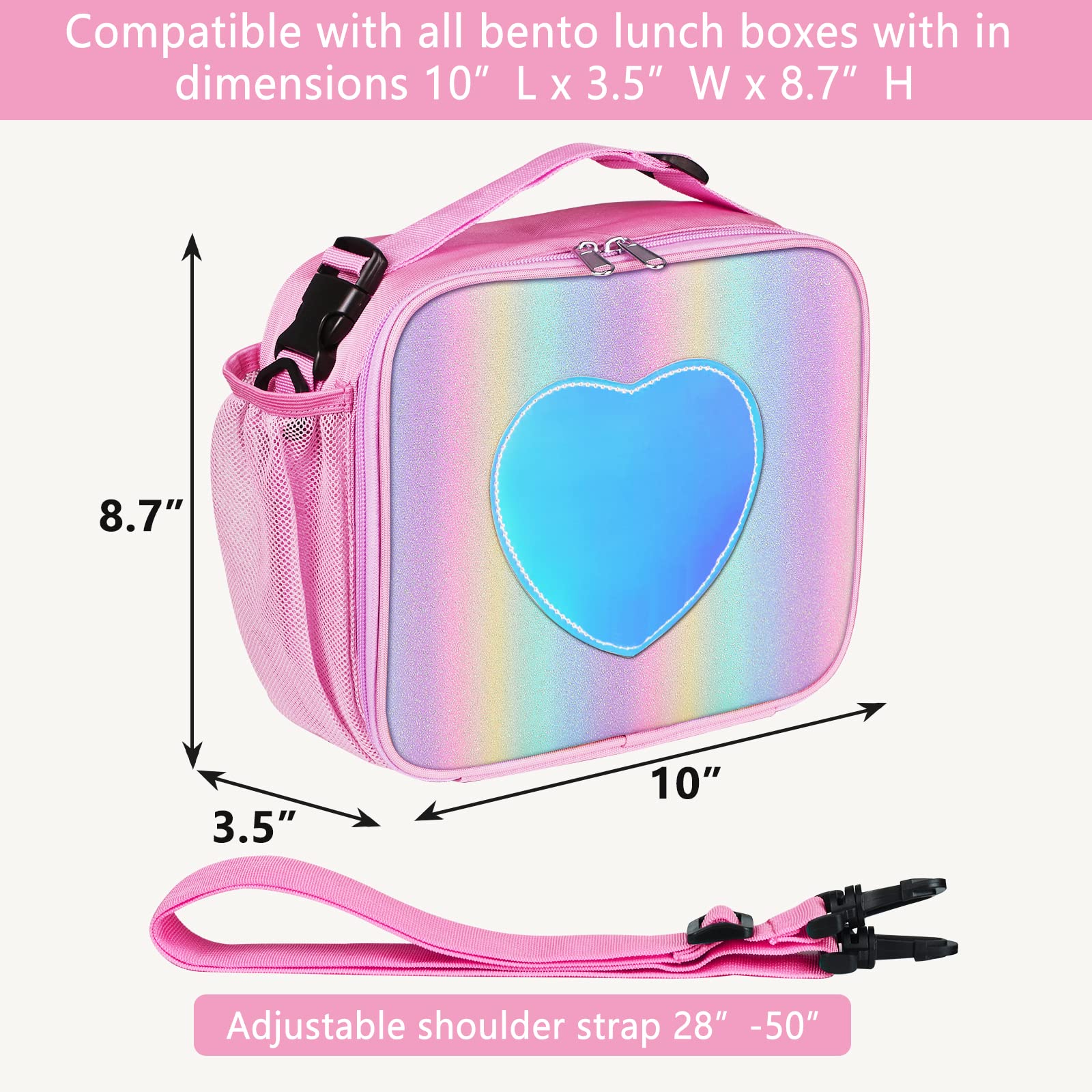 Samhe Lunch Box for Kids Girls, Insulated Rainbow Tote Bag Leakproof Thermal Cooler Reusable Lunch Bag for School Office Outdoor (Pink with Strap)