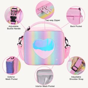 Samhe Lunch Box for Kids Girls, Insulated Rainbow Tote Bag Leakproof Thermal Cooler Reusable Lunch Bag for School Office Outdoor (Pink with Strap)