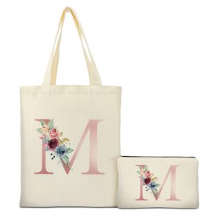 binggemen initial canvas tote bag with zipper pockets,personalized totes for women bridesmaids teacher,cosmetic makeup bag,monogrammed gifts for wedding birthday (letter m)