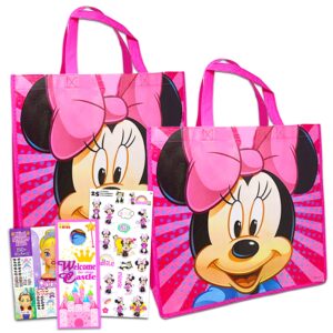 disney minnie mouse tote bags value pack - 2 reusable large tote grocery party bags featuring minnie mouse with minnie stickers